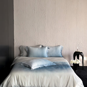 VILZSTUDIOS taupe-grey and ivory ombré satin duvet cover set with subtle ripple patterning and flanged borders