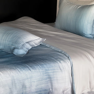 VILZSTUDIOS taupe-grey and ivory ombré satin duvet cover set with subtle ripple patterning and flanged borders