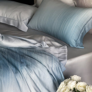 VILZSTUDIOS taupe-grey and ivory ombré satin duvet cover set with subtle ripple patterning and flanged borders