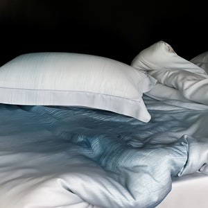 VILZSTUDIOS taupe-grey and ivory ombré satin duvet cover set with subtle ripple patterning and flanged borders