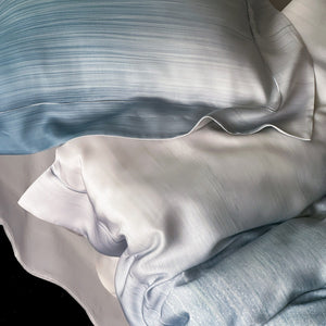 VILZSTUDIOS taupe-grey and ivory ombré satin duvet cover set with subtle ripple patterning and flanged borders