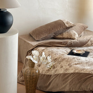 VILZSTUDIOS taupe and cream rose jacquard velvet duvet cover set with broad solid border