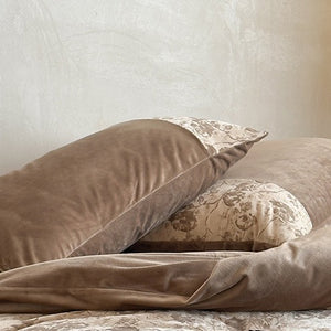 VILZSTUDIOS taupe and cream rose jacquard velvet duvet cover set with broad solid border
