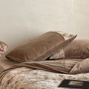 VILZSTUDIOS taupe and cream rose jacquard velvet duvet cover set with broad solid border