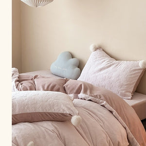 VILZSTUDIOS dusty pink or powder blue teddy bear duvet cover set with plush heart and white pillowcase pom-poms