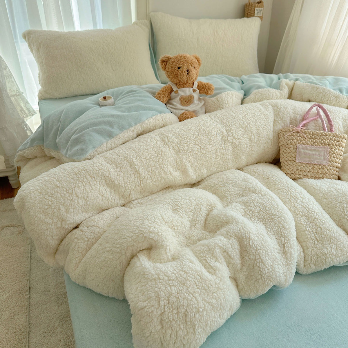 VILZSTUDIOS pastel and neutral teddy fleece bedding set with curly texture and stitched channels