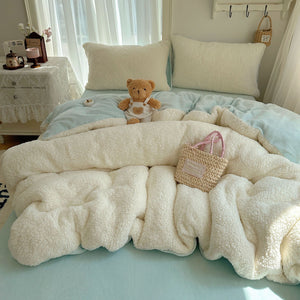 VILZSTUDIOS pastel and neutral teddy fleece bedding set with curly texture and stitched channels