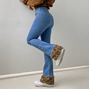 VILZSTUDIOS Textured denim jeans with leopard trim by VILZSTUDIOS