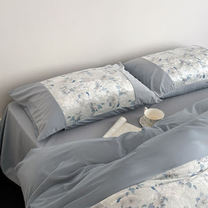 VILZSTUDIOS pink, blue or olive green velvet duvet cover set with textured nature-motif panels and matte borders