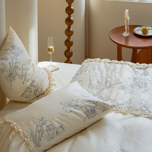 VILZSTUDIOS Ivory duvet cover set with blue-grey floral sketches and gathered ruffle trim
