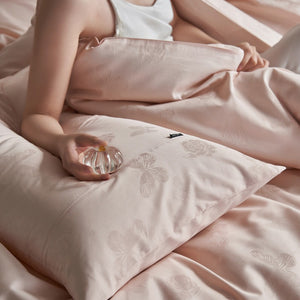 VILZSTUDIOS tonal jacquard duvet cover set in blush pink, silver gray, champagne ivory and charcoal with flanged pillowcases