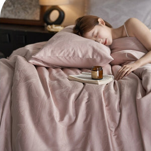 VILZSTUDIOS tonal jacquard duvet cover set in blush pink, silver gray, champagne ivory and charcoal with flanged pillowcases
