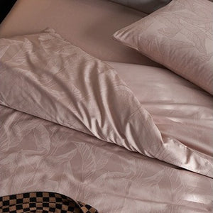 VILZSTUDIOS tonal jacquard duvet cover set in blush pink, silver gray, champagne ivory and charcoal with flanged pillowcases