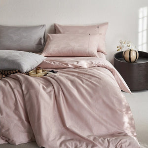 VILZSTUDIOS tonal jacquard duvet cover set in blush pink, silver gray, champagne ivory and charcoal with flanged pillowcases