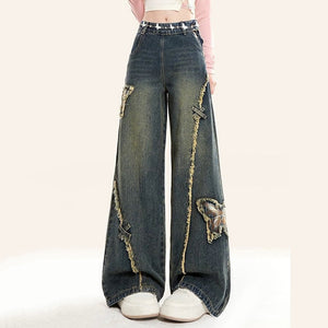VILZSTUDIOS Trendy butterfly flared denim jeans for streetwear fashion