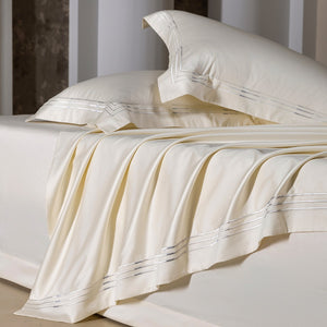 VILZSTUDIOS ivory satin bedding set with triple metallic embroidered stripes and wide flanged borders