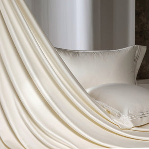 VILZSTUDIOS ivory satin bedding set with triple metallic embroidered stripes and wide flanged borders
