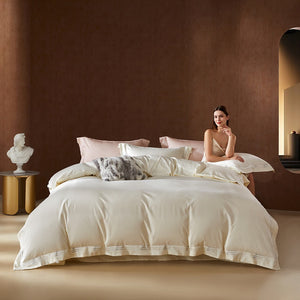 VILZSTUDIOS ivory satin bedding set with triple metallic embroidered stripes and wide flanged borders