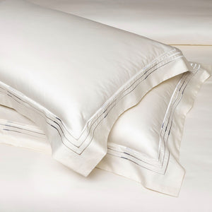 VILZSTUDIOS ivory satin bedding set with triple metallic embroidered stripes and wide flanged borders
