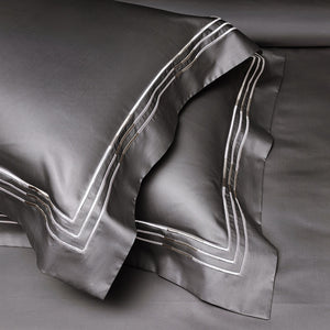 VILZSTUDIOS ivory satin bedding set with triple metallic embroidered stripes and wide flanged borders