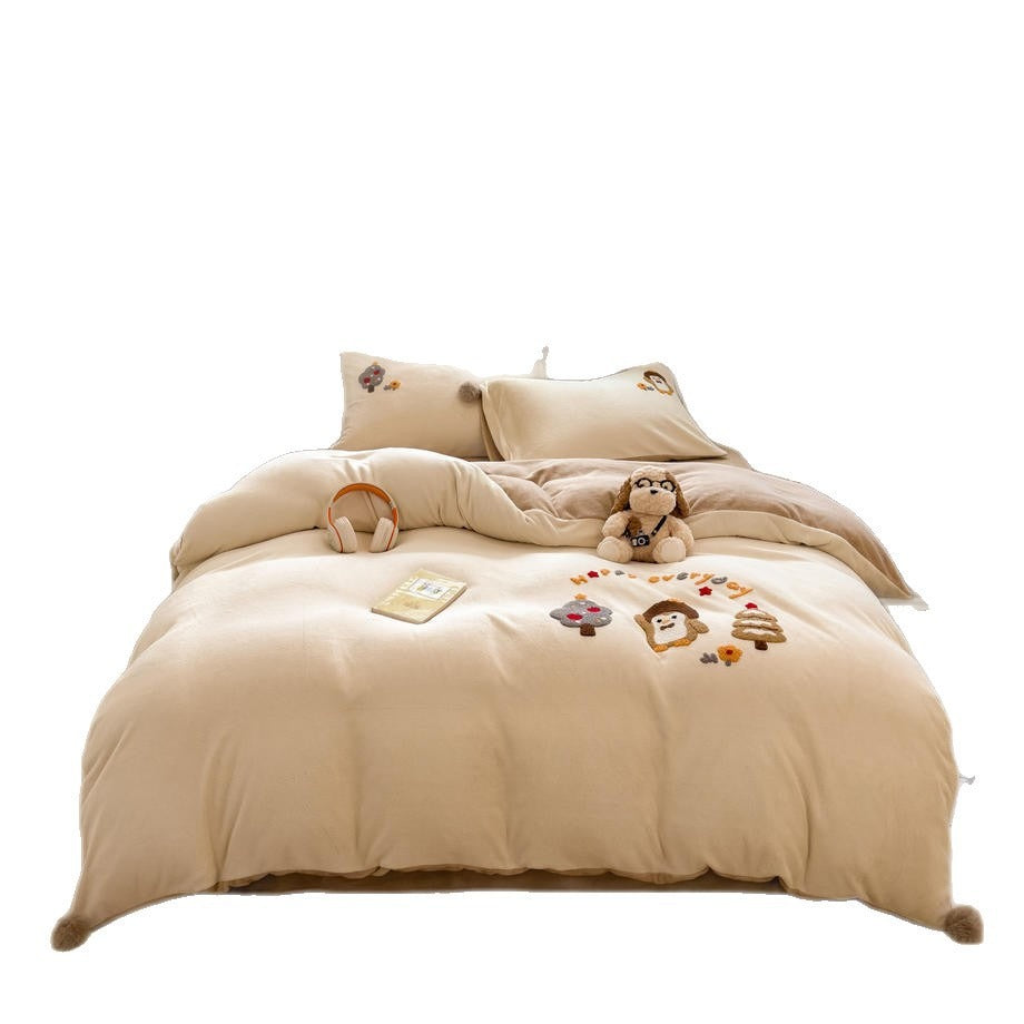 VILZSTUDIOS baby blue and camel fleece bedding set with raised tree and penguin motifs and white pom-pom trim