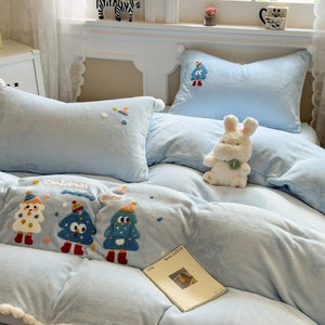 VILZSTUDIOS baby blue and camel fleece bedding set with raised tree and penguin motifs and white pom-pom trim