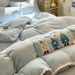 VILZSTUDIOS baby blue and camel fleece bedding set with raised tree and penguin motifs and white pom-pom trim