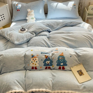 VILZSTUDIOS baby blue and camel fleece bedding set with raised tree and penguin motifs and white pom-pom trim