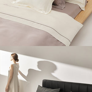 VILZSTUDIOS two-tone satin duvet cover set with script embroidery and contrast piping in taupe, mauve, rust-red or silvery gray