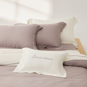 VILZSTUDIOS two-tone satin duvet cover set with script embroidery and contrast piping in taupe, mauve, rust-red or silvery gray