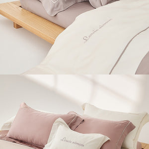 VILZSTUDIOS two-tone satin duvet cover set with script embroidery and contrast piping in taupe, mauve, rust-red or silvery gray