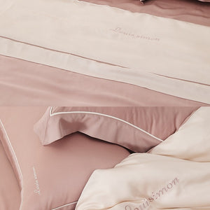 VILZSTUDIOS two-tone satin duvet cover set with script embroidery and contrast piping in taupe, mauve, rust-red or silvery gray