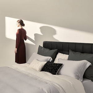 VILZSTUDIOS two-tone satin duvet cover set with script embroidery and contrast piping in taupe, mauve, rust-red or silvery gray