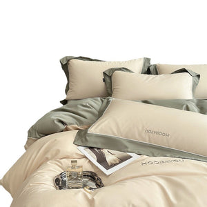 VILZSTUDIOS sage green or blush pink and champagne beige two-tone duvet cover set with piped pillowcases