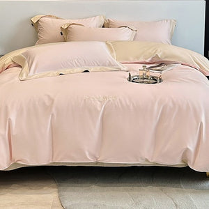 VILZSTUDIOS sage green or blush pink and champagne beige two-tone duvet cover set with piped pillowcases