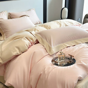 VILZSTUDIOS sage green or blush pink and champagne beige two-tone duvet cover set with piped pillowcases