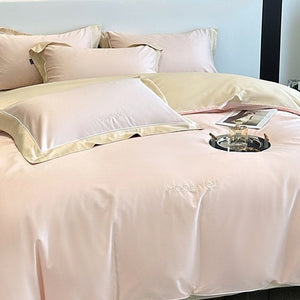 VILZSTUDIOS sage green or blush pink and champagne beige two-tone duvet cover set with piped pillowcases