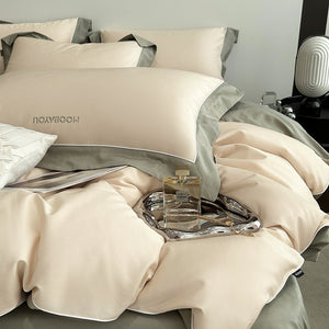 VILZSTUDIOS sage green or blush pink and champagne beige two-tone duvet cover set with piped pillowcases