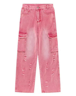 VILZSTUDIOS Pink cargo jeans with pockets and distressed details