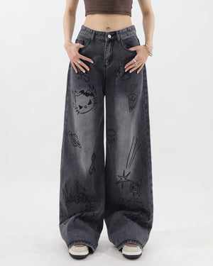 VILZSTUDIOS Stylish wide-leg jeans with cat prints