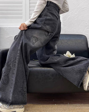 VILZSTUDIOS Stylish wide-leg jeans with cat prints