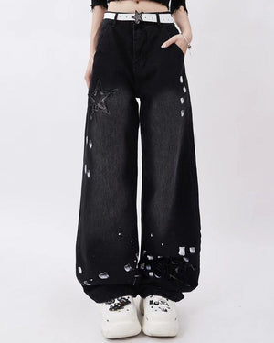 VILZSTUDIOS Stylish black wide-leg jeans with star patches and paint splatter detailing