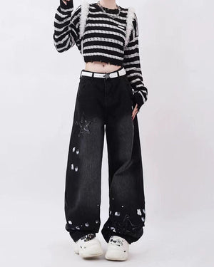 VILZSTUDIOS Stylish black wide-leg jeans with star patches and paint splatter detailing