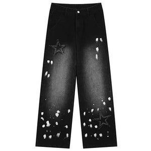 VILZSTUDIOS Stylish black wide-leg jeans with star patches and paint splatter detailing