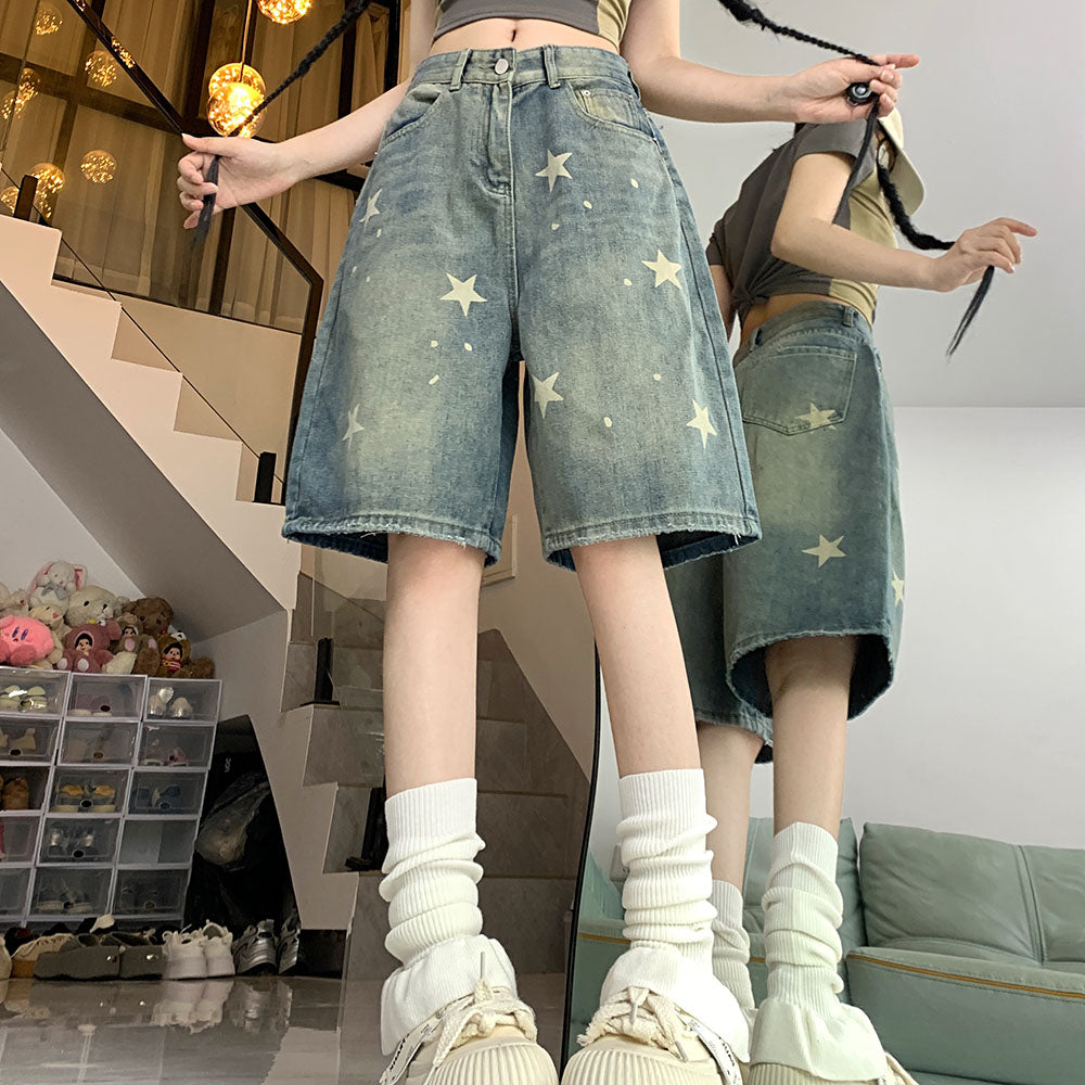 VILZSTUDIOS High-waisted denim shorts with star patterns and five-pocket design