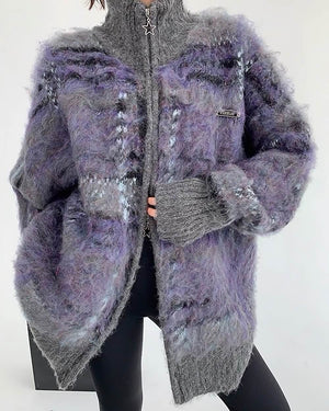 VILZSTUDIOS Fuzzy plaid zip-up sweater with star charm zipper