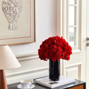 VILZSTUDIOS red hydrangea floral arrangement in black vase