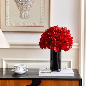 VILZSTUDIOS red hydrangea floral arrangement in black vase