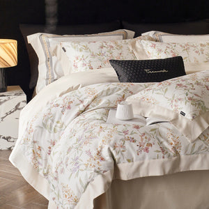 VILZSTUDIOS cream watercolor floral duvet cover set with pastel botanicals and wide cream-beige borders