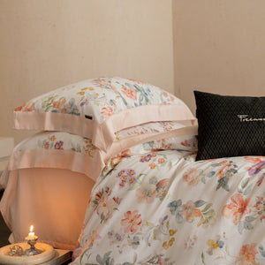 VILZSTUDIOS cream watercolor floral duvet cover set with wide peach borders